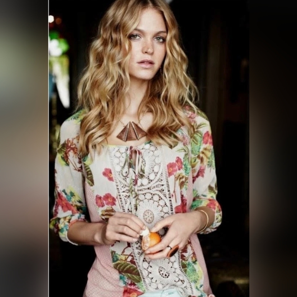 Anthropologie Meadow Rue Roselle Floral Print Semi-sheer Lace Blouse, Sz Small 